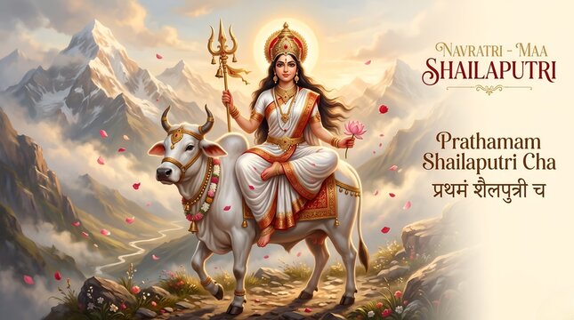 Hindu goddess maa shailputri seated on a white bull for navratri day one celebration