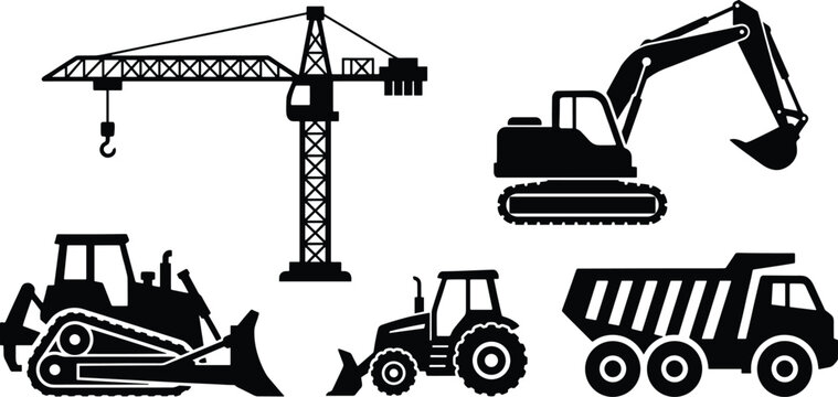 Construction Machinery Silhouette Collection with Tower Crane Excavator Bulldozer Tractor and Dump Truck Heavy Equipment Isolated on White Background Illustration