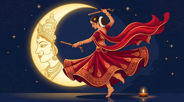 Elegant Garba Dancer Performing With Dandiya Sticks Against Golden Moon