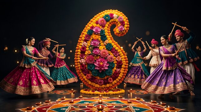 People dancing garba with floral paisley background