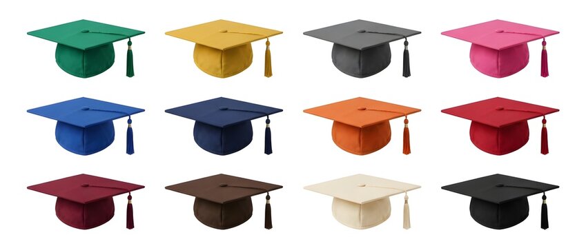 Collection of colorful graduation caps with tassels isolated on a white background. Set of multi colored academic mortarboard hats for school and university success.