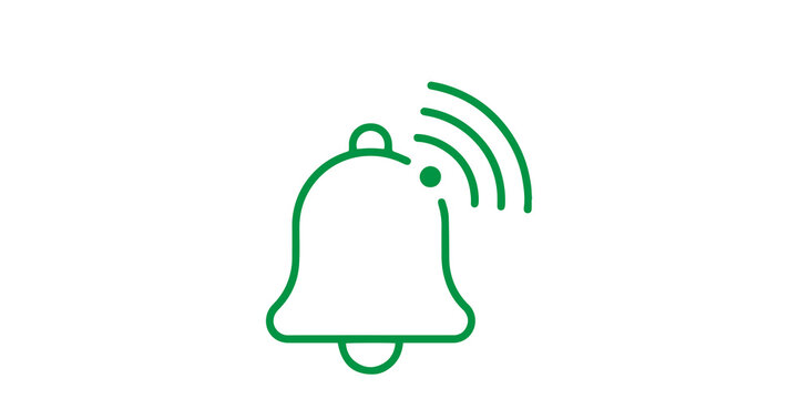 Bell notification icon with sound waves in vibrant green for mobile app alerts and status updates.
