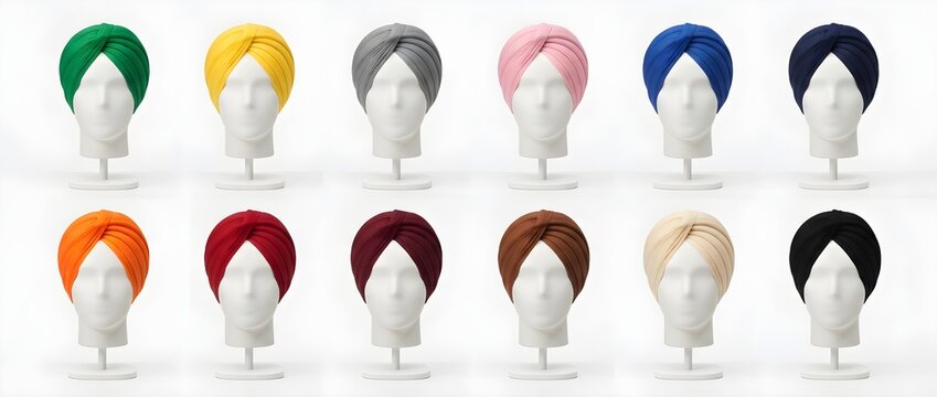 Multiple colorful traditional turban hats displayed on white mannequin heads. Headwear apparel isolated on a solid white background.