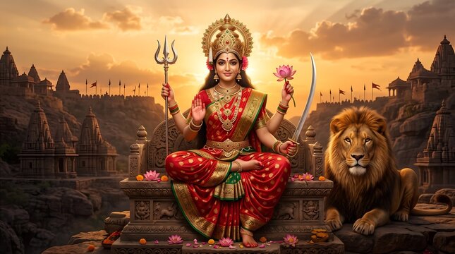 Goddess Durga sitting with lion holding trishul and golden sword on warm orange background