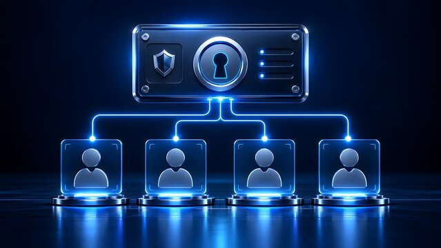 Futuristic digital security system with central lock and shield icon protecting user network