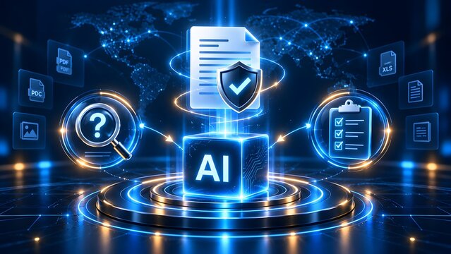 Artificial Intelligence AI cube processing digital documents, data analysis, and security on a global network background