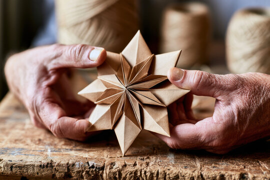 Close-up of hands folding a paper star ornament by hand