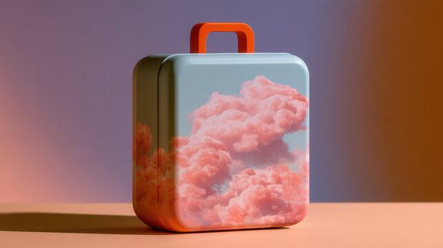 Compact travel suitcase with fluffy cloud pattern and orange handle design.