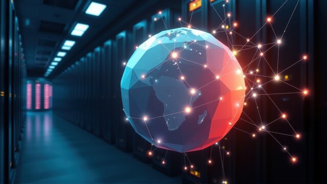Server room displays glowing polygonal globe. Network connections radiate outward, representing global data infrastructure. Futuristic, digital concept.