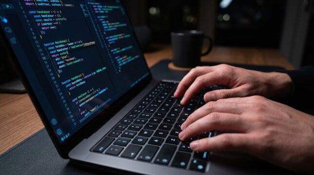 Programmer typing code on laptop in dark room, software development and coding concept, close up of hands on keyboard with colorful syntax highlighting on screen, night work