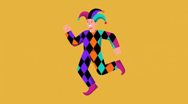 Cheerful Colorful Jester Character in a Diamond Patterned Costume Hopping Joyfully on One Foot against a Yellow Background