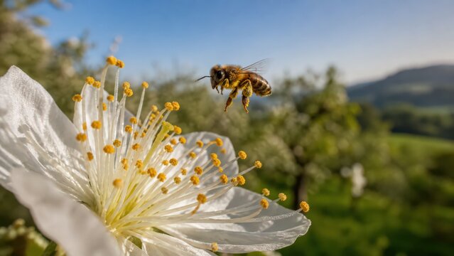 Elevated Pollen and seed dispersal on flower with pollinating bee