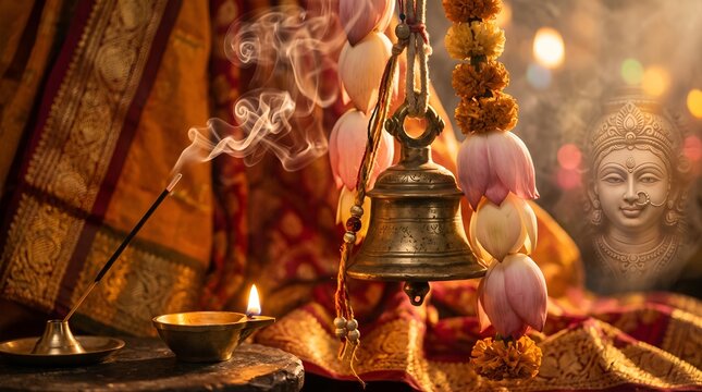 Goddess durga motif with brass temple bell and smoky incense burner.