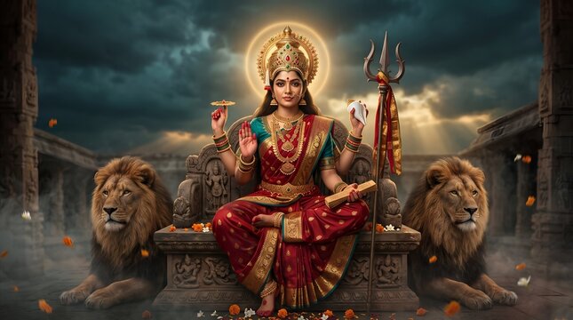 Divine goddess durga seated with two lions beneath dramatic clouds symbolizing durga puja and navratri power devotion and sacred celebration festival illustration