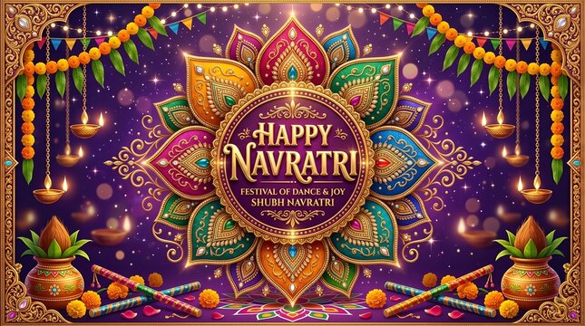 Happy navratri colorful swirling floral design with 3d text and diyas