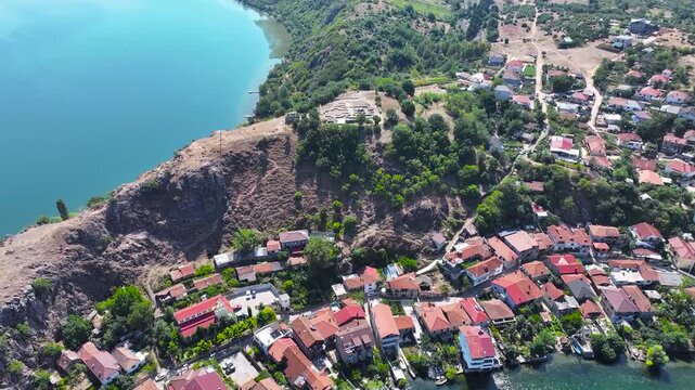 Albania Lin village top view medieval basilica, over rock