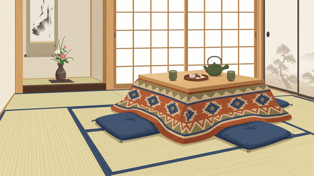 Traditional Japanese Room with Kotatsu Heated Table on Tatami Floor