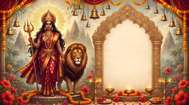 Hindu Goddess Durga Festival Background with Lion Flowers and Copy Space