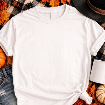 Front view of white tshirt mockup. Flat lay down short sleeve shirt, blank template. Crewneck tee lying by cozy autumn stuff. Unisex, gender neutral digital pullover. Unfolded sweatshirt