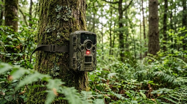 Wildlife trail camera mounted on mossy forest tree trunk