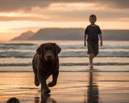 Playful Dog and Child at Sunset Beach Walk