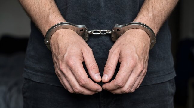 Close-up view of arrested suspect in handcuffs wearing dark clothes in a criminal justice concept