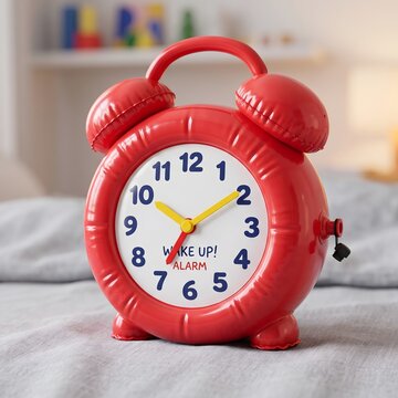 red inflatable alarm clock on wooden table showing time, time management and morning wake up routine concept
