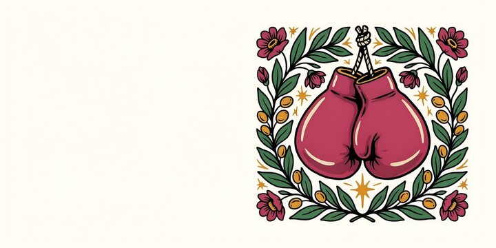 Vintage boxing gloves hanging framed by botanical leaves and flowers in square format