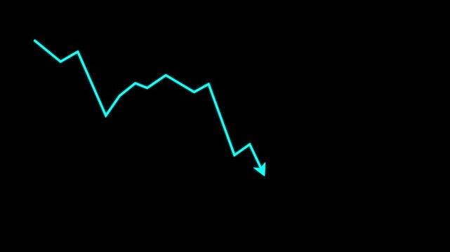 Business graph crash down with cyan arrow. black background, crash, red arrow downward, motion graphics..