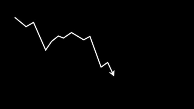 Business graph crash down with white arrow. black background, crash, red arrow downward, motion graphics..