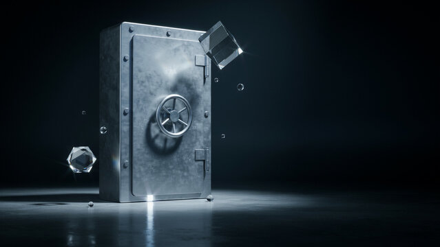 A heavy metal bank vault door standing on a dark floor with floating glass geometric shapes and soft blue lighting