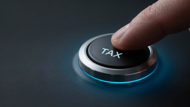 A human finger pressing a circular black button with the word tax glowing in bright blue light on a dark control panel