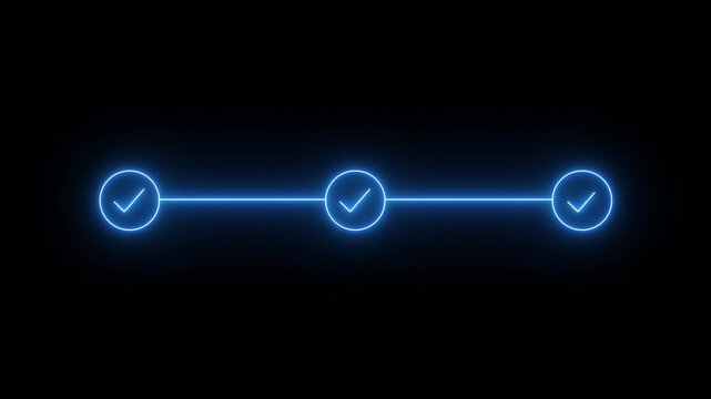 Glowing neon blue three step progress bar and timeline animation with checkmarks black background, three step timeline, task completion motion graphics animation..