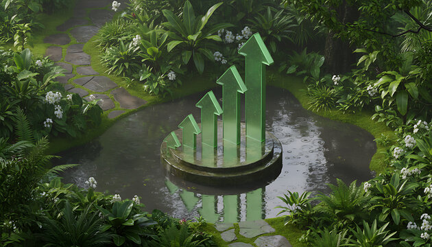 Green growth concept with upward arrows in a lush tropical garden pond.