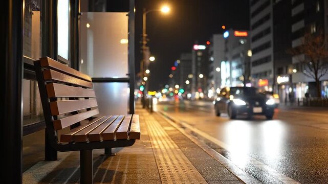 Bus Stop Bench Illuminated by Streetlamp at Night