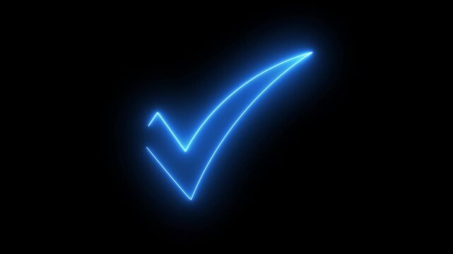 Glowing blue neon check mark icon loop background, cyber success approved symbol