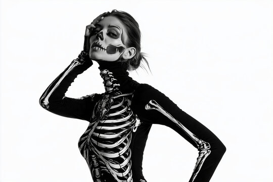 Skeleton Costume on White Background Woman Wearing Skull Makeup and Striking Elegant Pose for Halloween Fashion Portrait