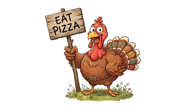Funny cartoon turkey holding a wooden sign that says eat pizza, isolated on white background