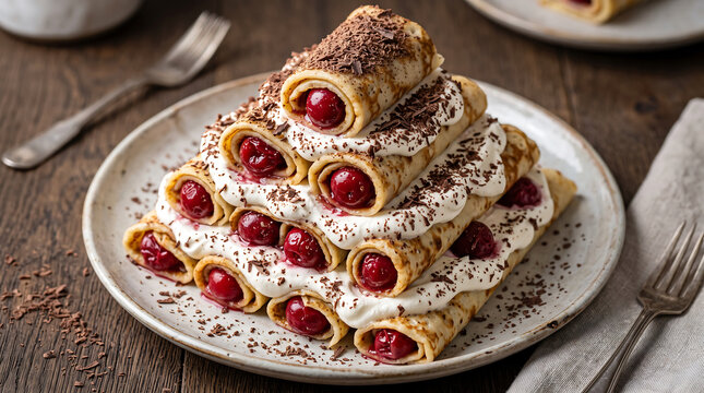 Hyper Realistic 9K 60 Degree Angle Close Up Moldovan Cusma lui Guguta Cherry Crepe Cake Food Photography