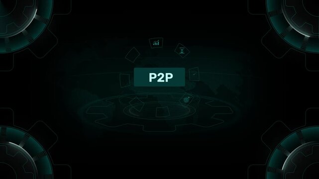 P2P peer to peer network technology concept with on digital gear HUD interface background loop