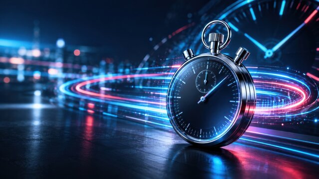 Metallic stopwatch against abstract background with glowing blue and red light trails depicting fast progress.