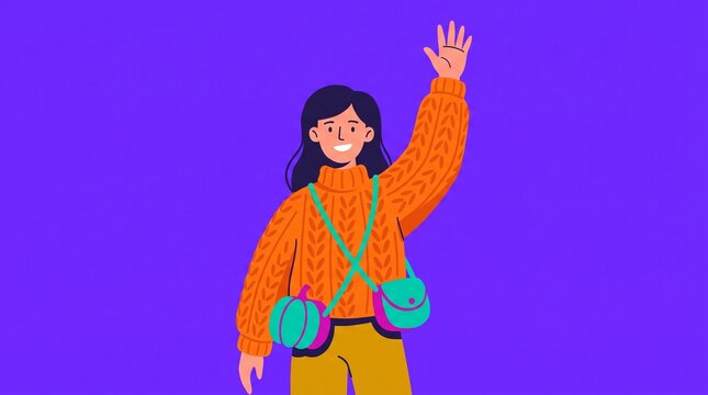 Flat vector illustration of a friendly young woman wearing an orange sweater and waving hello against a purple background