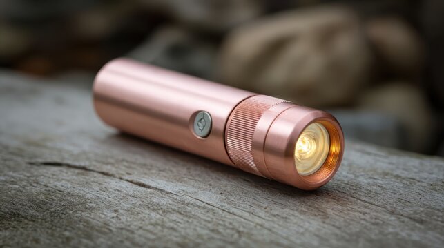 Smooth brushed copper flashlight with illuminated lens on textured wooden surface