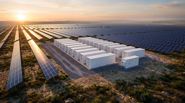 Large scale solar farm with rows of photovoltaic panels and battery energy storage containers at sunset representing renewable energy infrastructure and grid capacity for green power