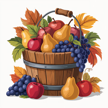 Abundant harvest of fresh fruits including apples pears and grapes in a wooden bucket surrounded by autumn leaves