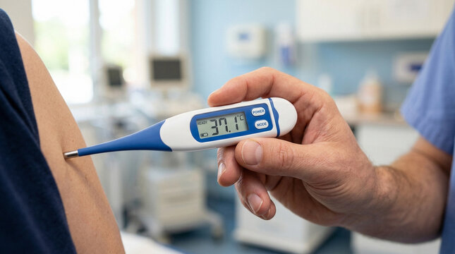Healthcare professional taking patient temperature with digital thermometer