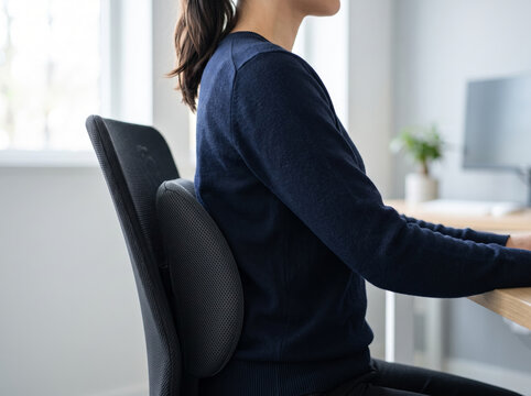 Female office employee maintaining straight back posture while seated at work desk