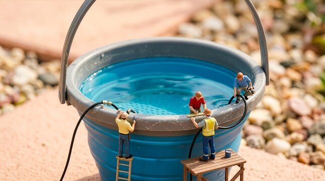 巨大な水入りバケツを点検するミニチュア作業員
