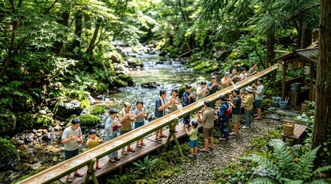 森の清流で楽しむ夏の流しそうめん