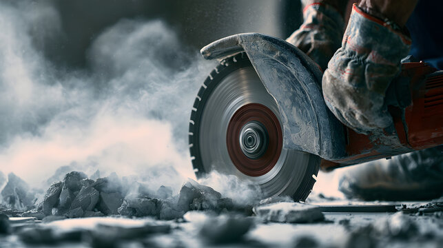 A view of a construction employee using a power saw to cut a concrete surface. An industrial circular saw blade grinding cement as part of demolition work. Home repair and remodeling project